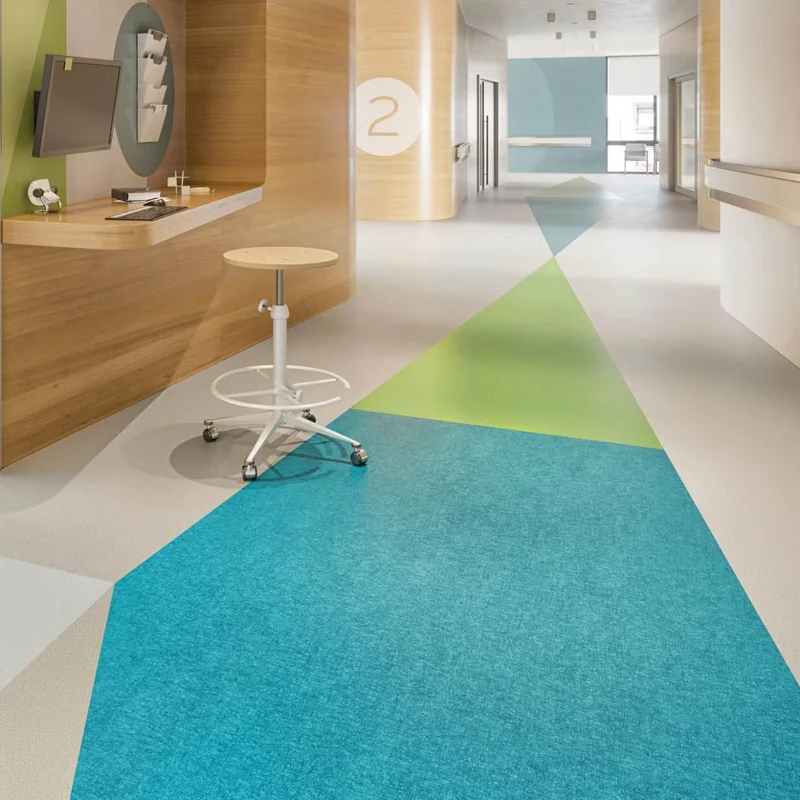 Blue, green, and gray geometric heterogeneous vinyl flooring