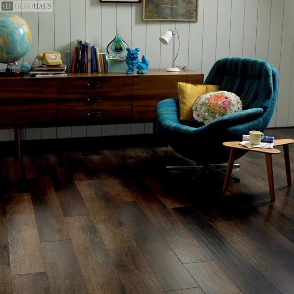 Dark smoked oak vinyl plank flooring in retro study
