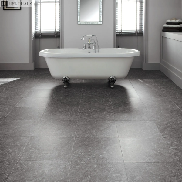 Gray marble-effect vinyl tile under freestanding bathtub