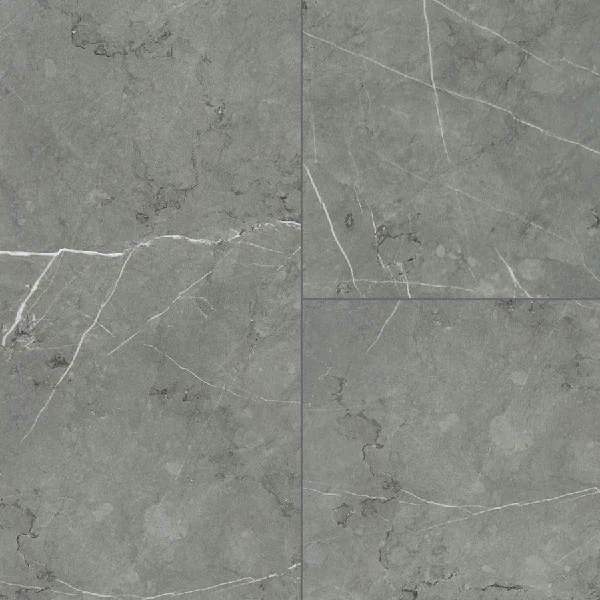 Grey stone-look vinyl tile flooring with white veining