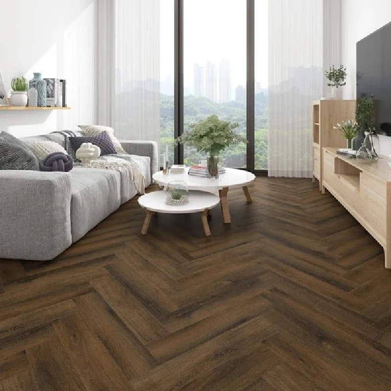 LVT flooring in a herringbone pattern in a living room
