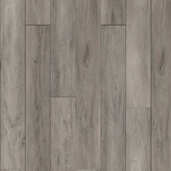 Light grey wood-look vinyl planks with a clean, modern aesthetic.