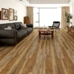 Light-to-medium brown wood-look vinyl flooring in a living room