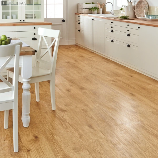 Natural oak vinyl flooring in white farmhouse kitchen