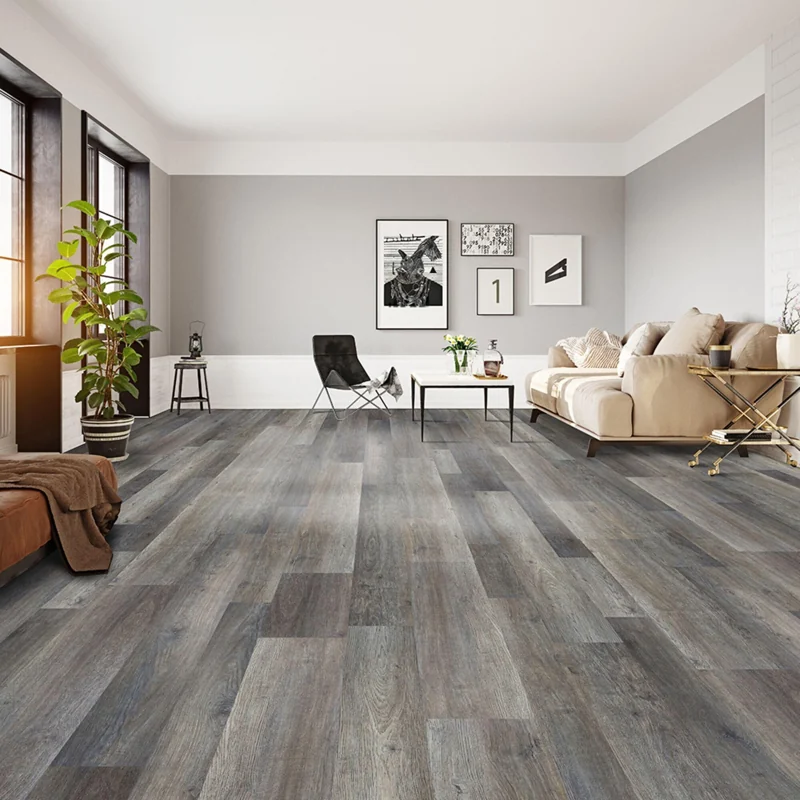 Wide gray vinyl planks with modern wood look