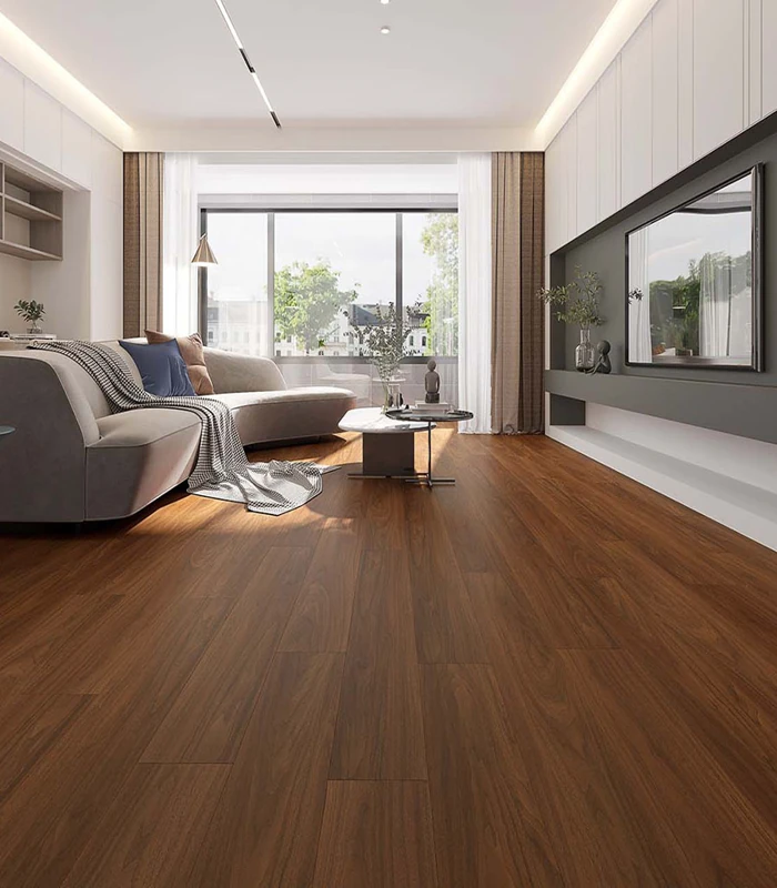 medium-brown, wood-look luxury vinyl plank flooring with smooth grain detailing